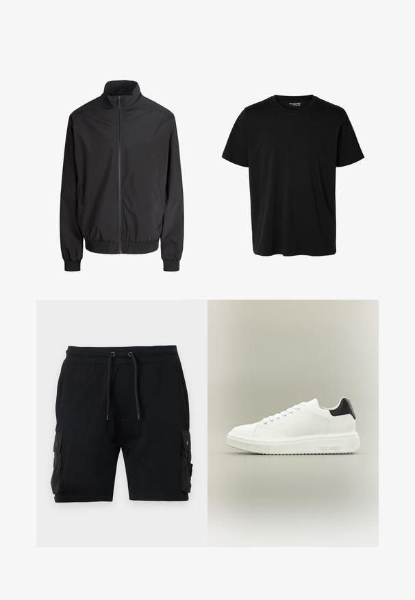 Sort letvægts lynlåstrøje med ståkrave, elastiske manchetter og taljebånd, vist mod en ensfarvet hvid baggrund.; Ensfarvet sort t-shirt med korte ærmer og rund hals, herrepasform, uden synlige mønstre eller logoer foran.; Sort cargo shorts lavet af en bomuldsblanding, med to sidelommer, justerbar talje med snor og en glat tekstur.; Hvid lav sneakers med tyk sål, snørelukning foran og sort hælstrop, mærket med "Steve Madden" på siden af sålen.