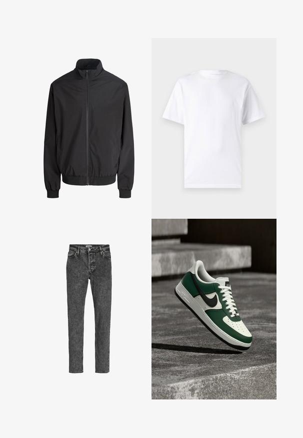 Schwarze, leichte Jacke mit Reißverschluss, Stehkragen, elastischen Bündchen und Bund, vor weißem Hintergrund dargestellt.; Weißes kurzärmeliges T-Shirt aus Baumwolle mit Rundhalsausschnitt, das eine glatte Textur und ein einfaches Design ohne Muster oder Akzente aufweist.; Jack & Jones Relaxed Fit JJICHRIS JJORIGINAL SQ 734 - Jeans Tapered Fit - black denim; Grün-weißer Nike Air Force 1 Sneaker mit schwarzem Swoosh, schwebt über einer Betonoberfläche mit unscharfen Treppen im Hintergrund.