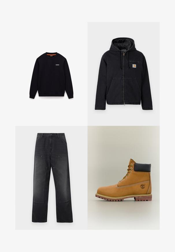 Sort hættejakke lavet af denim med lynlås foran, store forlommer og et lille logopatch på venstre bryst. Quiltet for.; Sort sweatshirt med rund hals, lange ærmer og et lille hvidt logo på venstre bryst mod hvid baggrund.; Sorte jeans med brede ben, forlommer med lapper, bæltestropper og lukning med knap samt lynlås.; Brun læderankelstøvle med sort krave, gule snørebånd og tanfarvet sål. Har logo og hvide syninger som detalje. Robust ydersål med greb.