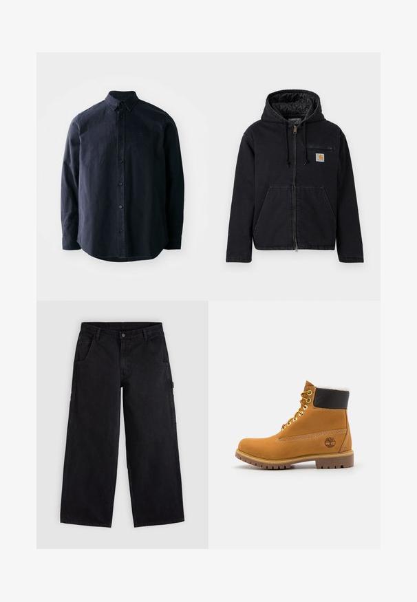 Veste noire à capuche en denim, dotée d'une fermeture éclair frontale, de grandes poches avant et d'un petit patch logo sur le côté gauche de la poitrine. Doublure matelassée.; Chemise boutonnée bleu marine foncé avec col pointu, manches longues et ourlet droit. Présente un logo subtil sur la poitrine et un tissu texturé.; Pantalon de travail noir à jambes larges avec passants de ceinture, poches avant et fermeture par bouton, présenté sur un fond clair uni.; Bottine en cuir brun avec œillets en métal, doublure en fourrure blanche, col rembourré noir, semelle robuste et logo en relief sur le côté.