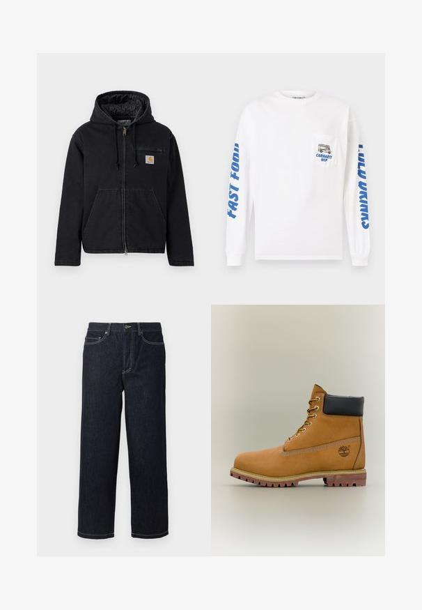 Schwarze Kapuzenjacke aus Denim mit durchgehendem Reißverschluss, großen Fronttaschen und einem kleinen Logo-Patch auf der linken Brustseite. Wattiertes Futter.; Weißes Langarmshirt aus Baumwolle. Verziert mit blauem Text auf den Ärmeln und einer Tasche mit einer Grafik eines Food Trucks und der Aufschrift "Carhartt WIP."; Dunkelblaue gerade geschnittene Jeans aus Denim mit fünf Taschen und weißen Kontrastnähten, Knopfverschluss und Gürtelschlaufen.; Brauner Leder-Stiefelette mit schwarzem Kragen, gelben Schnürsenkeln und hellbrauner Sohle. Verfügt über ein Logo und weiße Ziernähe. Robuste Profilsohle.