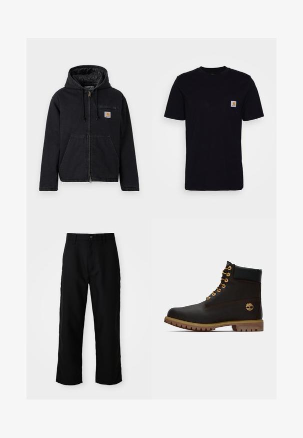 Veste noire à capuche en denim, dotée d'une fermeture éclair frontale, de grandes poches avant et d'un petit patch logo sur le côté gauche de la poitrine. Doublure matelassée.; T-shirt en coton noir à manches courtes, col rond et poche poitrine avec un petit patch logo carré. Design simple et uni.; Pantalons droits noirs avec passants de ceinture, bouton frontal et fermeture éclair sur fond clair uni.; Bottine noire en cuir avec œillets dorés, accents marron et semelle en caoutchouc. Comprend un col rembourré et un logo estampé sur le côté.