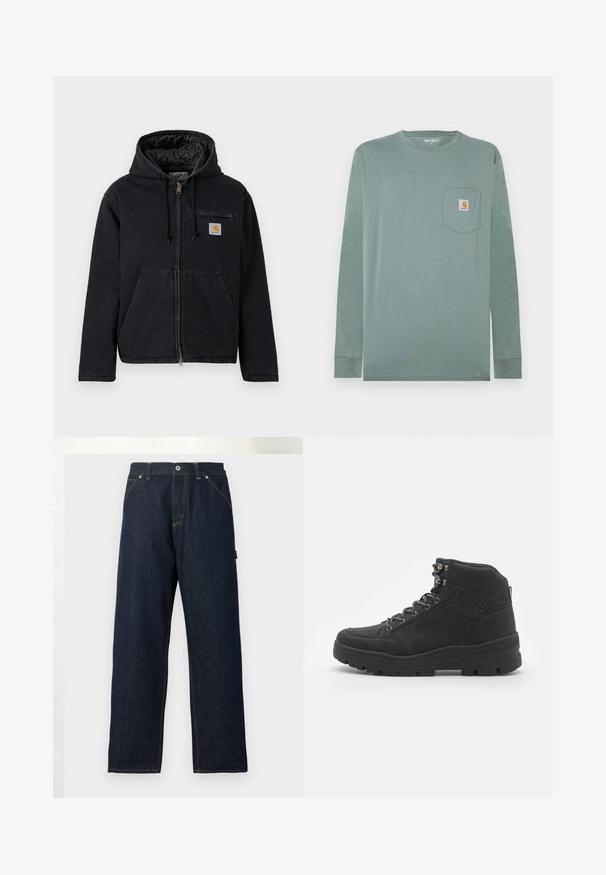 Schwarze Kapuzenjacke aus Denim mit durchgehendem Reißverschluss, großen Fronttaschen und einem kleinen Logo-Patch auf der linken Brustseite. Wattiertes Futter.; Langärmliges Hemd aus hellgrüner Baumwolle mit Rundhalsausschnitt, versehen mit einer linken Brusttasche und einem orange-weißen Logo-Patch.; Dunkelblaue Jeans mit geradem Bein, Vorderentaschen, Gürtelschlaufen und Knopfverschluss in der Taille vor einfarbigem Hintergrund.; Schwarze Stiefeletten bis zur Mitte des Knöchels aus Wildleder. Mit metallischen Ösen, Schnürsenkeln und einer strukturierten Gummisohle mit verstärktem Absatz.