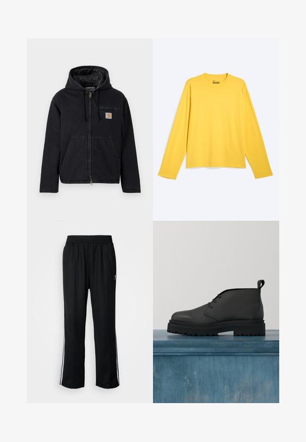 Sort hættejakke lavet af denim med lynlås foran, store forlommer og et lille logopatch på venstre bryst. Quiltet for.; Langærmet gul t-shirt med rund hals og løs pasform, vist på en ensfarvet lys baggrund.; Sorte træningsbukser med elastisk talje, der har hvide sidestænger og et lille logo. Materialet ser blødt og let ud.; Sort læder ankelstøvle med tekstureret overdel, snørelukning og kraftig gummisål med dybe riller for bedre greb.