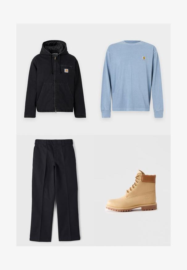 Veste noire à capuche en denim, dotée d'une fermeture éclair frontale, de grandes poches avant et d'un petit patch logo sur le côté gauche de la poitrine. Doublure matelassée.; Chemise bleu clair à manches longues en tissu doux, avec un col rond, des poignets côtelés et un petit patch logo sur la poitrine gauche.; Pantalon noir en tissu durable, présentant une coupe droite, une taille avec passants de ceinture et sans poches ni embellissements visibles.; Bottes ankle en cuir marron clair avec col rembourré, œillets dorés, lacets tan et semelle crantée épaisse sur fond clair.