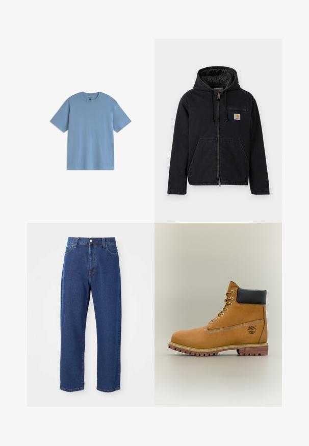 Veste noire à capuche en denim, dotée d'une fermeture éclair frontale, de grandes poches avant et d'un petit patch logo sur le côté gauche de la poitrine. Doublure matelassée.; T-shirt bleu clair à manches courtes et col rond, coupe décontractée, présenté sur un fond blanc.; Jeans en denim taille haute de couleur bleue, avec une coupe droite, des coutures visibles et une fermeture à bouton à l'avant.; Bottine en cuir marron avec col noir, lacets jaunes et semelle beige. Présente un logo et des détails de couture blanche. Semelle extérieure à traction robuste.