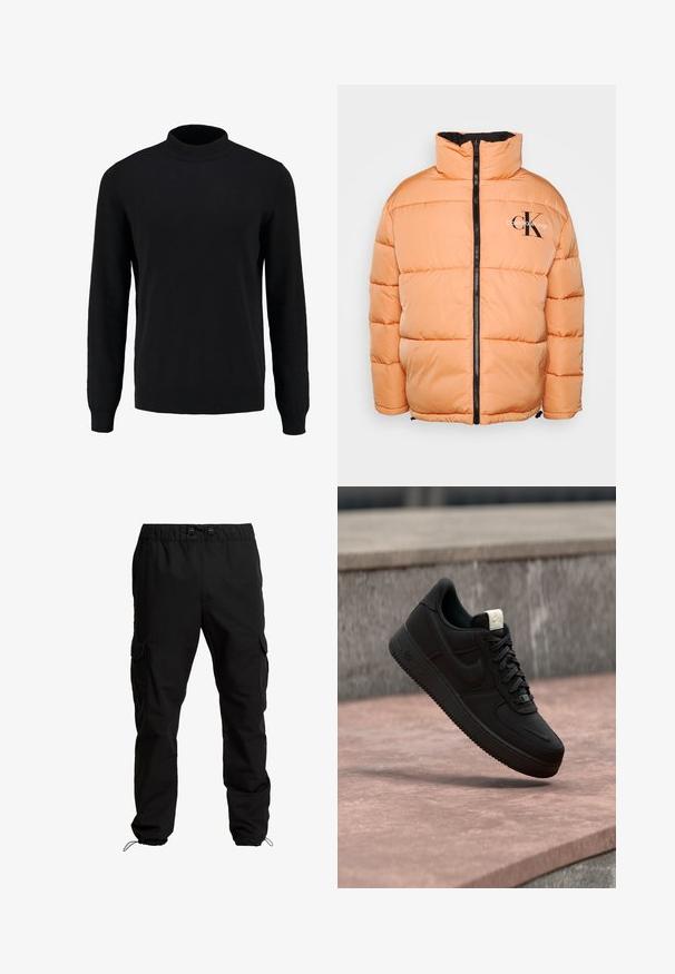Chaqueta acolchada Calvin Klein en naranja claro, con un alto cuello y cremallera negra. Diseño acolchado con costuras visibles y detalle de logo.; Suéter negro de punto con cuello alto, mangas largas y puños y dobladillo acanalados, que presenta una textura suave y una silueta clásica.; Pantalones cargo negros hechos de un tejido duradero, con cintura elástica, cordones ajustables y bolsillos laterales con solapa.; Zapatilla negra Nike Air Force 1 flotando sobre un borde de hormigón rosa con fondo de piedra gris, mostrando detalles laterales y superiores.