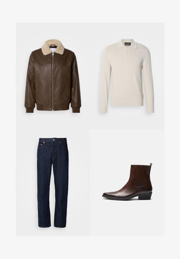 Brun læderjakke med en cremefarvet shearlingkrave, lynlåslukning, ribbede manchetter og to sidelommer. Glat tekstur med minimal detaljering.; Lys beige langærmet polo sweater i blødt strik med struktureret overflade, der har klassisk krave og tre-knaps lukning.; Mørkeblå denimjeans med lige ben, der har fem lommer, knaplukning og diskrete syninger.; Brun læder ankelstøvle med spids tå, elastiske sidepaneler, tekstureret detaljer på fronten og en lav stablet hæl.