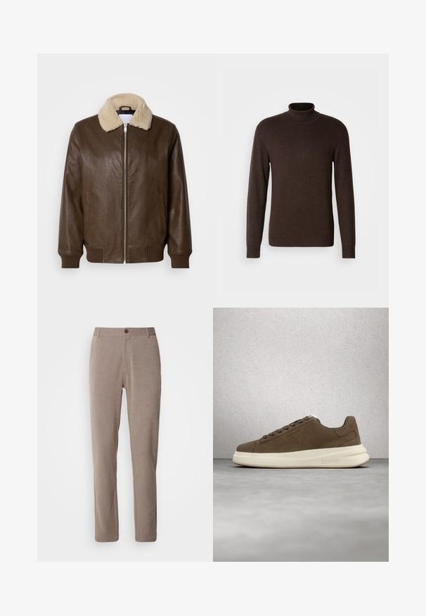 Brun læderjakke med en cremefarvet shearlingkrave, lynlåslukning, ribbede manchetter og to sidelommer. Glat tekstur med minimal detaljering.; Brun turtleneck sweater lavet af blødt materiale, med lange ærmer og ribbet krave. Glat tekstur med en tætsiddende design.; Beige skræddersyede bukser med lige pasform, 5-lommestil, frontknaplukning og en glat tekstur.; Brune ruskinds sneakers med en cremet gummisål, flade snørebånd og et logo på siden. Letvægtsdesign og glat tekstur.