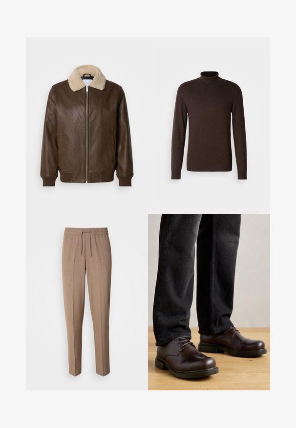 Bruine leren jas met een crèmekleurige schapenvachtkraag, ritsluiting, geribde manchetten en twee zijzakken. Gladde textuur met minimale details.; Bruine coltrui van zacht materiaal, met lange mouwen en een ribgebreide kraag. Glad oppervlak met een aansluitend ontwerp.; Bruine, geweven stoffen broek met een relaxte pasvorm, trekkoord taille en plooien aan de voorkant. Rechte pijpen en geen zichtbare zakken of hardware.; Bruine leren schoenen met een ronde neus, vetersluiting en robuuste zwarte rubberen zool, gecombineerd met donkere spijkerbroek.