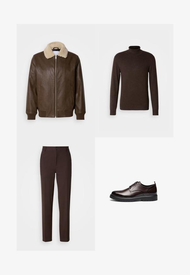 Bruine leren jas met een crèmekleurige schapenvachtkraag, ritsluiting, geribde manchetten en twee zijzakken. Gladde textuur met minimale details.; Bruine coltrui van zacht materiaal, met lange mouwen en een ribgebreide kraag. Glad oppervlak met een aansluitend ontwerp.; Bruine broeken met een recht model, voorzien van een enkele zijplooien, een knoopsluiting en een gladde stoftextuur.; Bruine leren veterschoen met een slank design, ronde neus, contrasterende zwarte rubberen zool en minimale zichtbare stiksels.