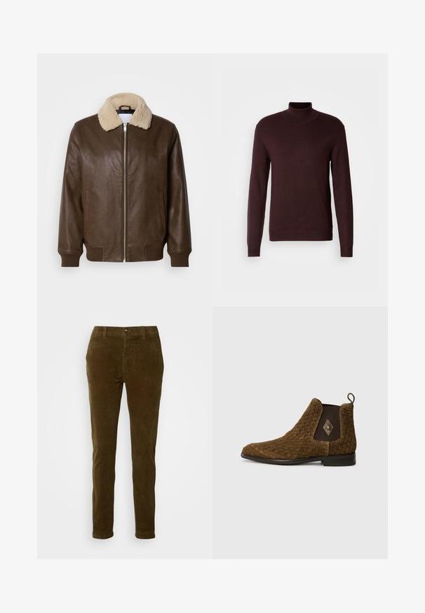 Brun læderjakke med en cremefarvet shearlingkrave, lynlåslukning, ribbede manchetter og to sidelommer. Glat tekstur med minimal detaljering.; Bordeaux turtleneck sweater i blødt strikket stof, med lange ærmer, tætsiddende pasform og ribbet manchetter og kant. Glat tekstur, minimalistisk design.; Buks i kordfløjl i mørkeolivengrøn med lige ben, frontlommer og en lille metalknaplukning. Blød tekstur, ribbet design.; Brun vævet ankelstøvle med spids tå, elastiske sidepaneler og en løkke i bagenden. Har en diamantaccent på ydersiden.