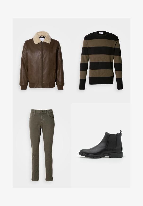 Bruine leren jas met een crèmekleurige schapenvachtkraag, ritsluiting, geribde manchetten en twee zijzakken. Gladde textuur met minimale details.; Lindbergh BLOCK STRIPE - Trui - olive; Antony Morato KURT COMFORT - Jeans Tapered Fit - dark olive; Zwarte leren Chelsea-boot met elastische zijpanelen en een trekhaak, met een ronde neus en een gestructureerde rubberen zool.