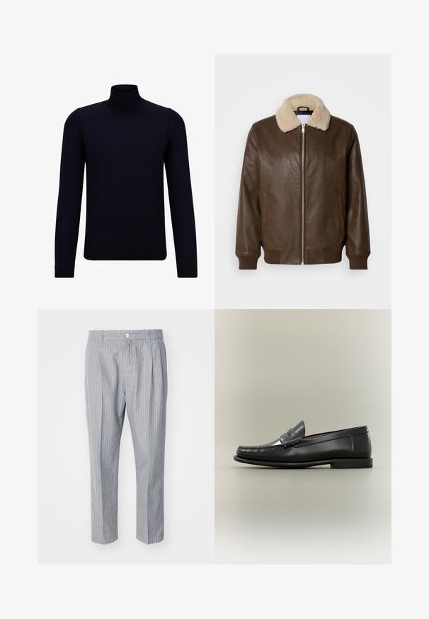 Brun læderjakke med en cremefarvet shearlingkrave, lynlåslukning, ribbede manchetter og to sidelommer. Glat tekstur med minimal detaljering.; Mørkeblå turtleneck sweater lavet af fint strikstof, med lange ærmer og en tætsiddende, høj halsudskæring. Ingen synlige mønstre eller detaljer.; Gråstribede bukser med plisseret front, lavet af et let materiale. Har knaplukning og lige ben.; Sort læder herresko med moc-toe-design, penny-rem og lav hæl på en neutral baggrund.