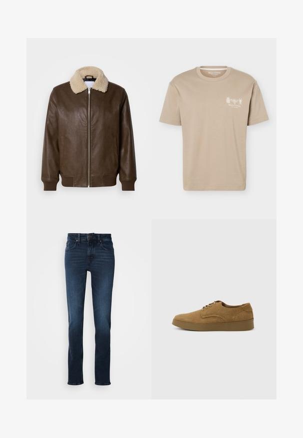 Brun læderjakke med en cremefarvet shearlingkrave, lynlåslukning, ribbede manchetter og to sidelommer. Glat tekstur med minimal detaljering.; Beige kortærmet T-shirt med rund halsudskæring med små insektgrafikker og "Marc O'Polo" logo på venstre bryst.; Mørkeblå denim jeans med lige ben-design, fem-lomme stil, frontknaplukning og subtilt slid på lårene.; Brun ruskindslærredsko med snørebånd og flad gummisål, set fra siden på en ensfarvet lys baggrund.