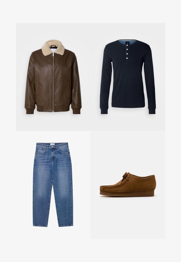 Brun læderjakke med en cremefarvet shearlingkrave, lynlåslukning, ribbede manchetter og to sidelommer. Glat tekstur med minimal detaljering.; Mørkeblå langærmet skjorte lavet af bomuld, med en henley-udskæring og fem hvide knapper samt ribbede manchetter. Blød tekstur og tætsiddende design.; Blå denim jeans med høj talje, lige ben design og slidte finish. Har fem lommer og en knaplukning.; Brune ruskind sko med rund tå og lav hæl, detaljeret syning langs sømmene og snørelukning fortil. Blød tekstur med strømlinet design.