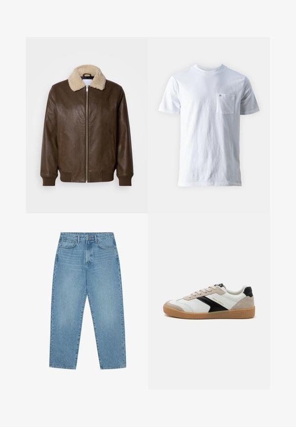 Braunlederjacke mit einem cremefarbenen Schaffellkragen, Reißverschluss, gerippten Bündchen und zwei seitlichen Taschen. Sanfte Textur mit minimaler Detailgestaltung.; Weißes Baumwoll-T-Shirt mit Rundhalsausschnitt, kurzen Ärmeln und einer linken Brusttasche, mit einem kleinen Logo auf der Tasche. Glatte Textur.; Hellblaue Jeans aus Denim mit geradem Bein, Fünf-Taschen-Design und leicht verwaschener Textur. Mit Knopf- und Reißverschluss ausgestattet.; Weiße und schwarze Sneaker mit beigen Akzenten, aus Leder und Wildleder gefertigt. Verfügt über eine strukturierte Gummisohle und Branding an der Seite. Niedriges Design.