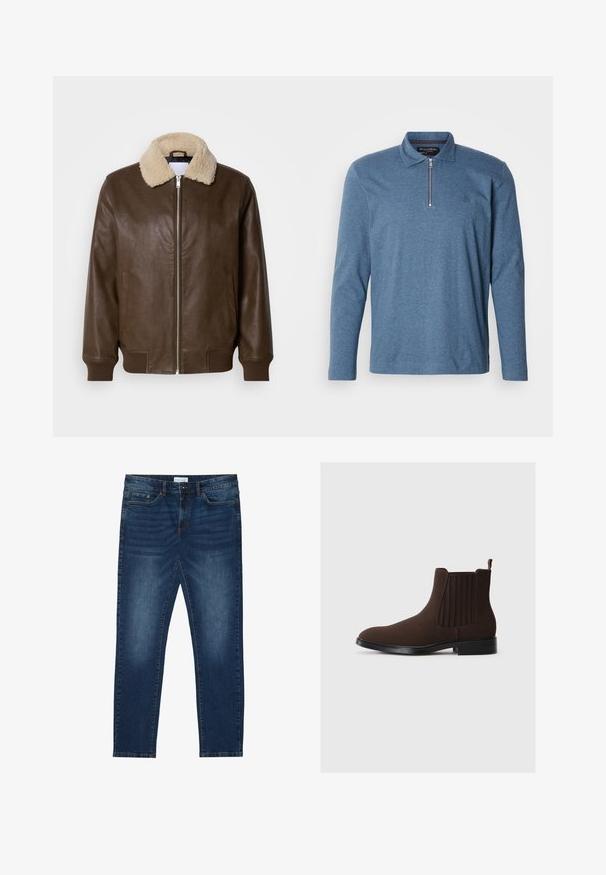 Bruine leren jas met een crèmekleurige schapenvachtkraag, ritsluiting, geribde manchetten en twee zijzakken. Gladde textuur met minimale details.; Polo met lange mouwen in gemêleerde blauwe stof, voorzien van een halve ritssluiting, een kraag en een subtiel logodetail op de borst.; Donkerblauwe slim-fit jeans met vervaagde details, klassiek vijf-pocket ontwerp, knoopsluiting en riemlussen.; Bruine suède Chelsea-boots met elastische zijpanelen, lage hak en een lipje aan de achterkant. Gladde textuur en gestroomlijnd ontwerp.