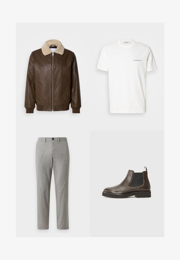 Braunlederjacke mit einem cremefarbenen Schaffellkragen, Reißverschluss, gerippten Bündchen und zwei seitlichen Taschen. Sanfte Textur mit minimaler Detailgestaltung.; Weißes Baumwoll-T-Shirt mit rundem Ausschnitt und kurzen Ärmeln. Auf der linken Brustseite befindet sich ein kleines schwarzes Logo.; Graue gewebte Hose mit geradem Schnitt, ausgestattet mit einem Knopfverschluss und Gürtelschlaufen; glatte Textur und leichter Stoff für legere Anlässe.; Braune Leder Chelsea-Boots mit elastischen Seitenpaneelen, Zuglasche und strukturiertem Laufsohle. Glatte Oberfläche mit minimalen Nahtdetails.