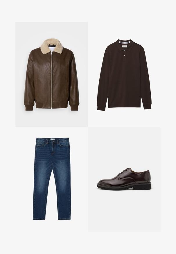 Veste en cuir marron avec un col en shearling crème, fermeture zippée, poignets à côtes et deux poches latérales. Texture lisse avec un minimum de détails.; Polo à manches longues en coton marron foncé, doté d'un col, d'une patte de boutonnage à trois boutons et d'accents à rayures blanches. Texture lisse.; Jean slim-fit bleu foncé avec des détails délavés, design classique à cinq poches, fermeture à bouton et passants de ceinture.; Chaussure Oxford en cuir marron avec une finition brillante, bout rond, lacets, et une semelle en caoutchouc noir épaisse. Détail de couture sur le dessus.