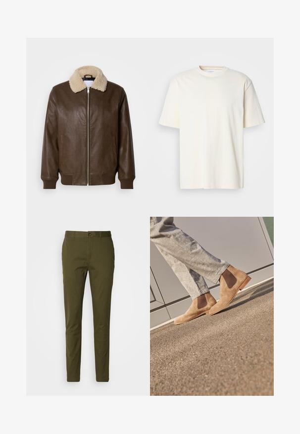 Bruine leren jas met een crèmekleurige schapenvachtkraag, ritsluiting, geribde manchetten en twee zijzakken. Gladde textuur met minimale details.; Effen off-white T-shirt met korte mouwen en ronde hals, unisex ontwerp, weergegeven op een neutrale grijze achtergrond.; Olijfgroene broek van glad katoen, met een knoopsluiting, slim fit ontwerp en minimale stikdetails op de tailleband.; Bruine suède Chelsea-boots met elastische zijpanelen en een gladde tan rubberen zool, gecombineerd met lichtgrijze broek op een gestructureerd oppervlak.