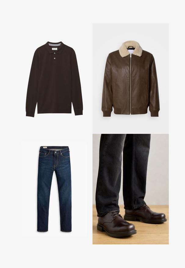 Veste en cuir marron avec un col en shearling crème, fermeture zippée, poignets à côtes et deux poches latérales. Texture lisse avec un minimum de détails.; Polo à manches longues en coton marron foncé, doté d'un col, d'une patte de boutonnage à trois boutons et d'accents à rayures blanches. Texture lisse.; Jeans en denim bleu foncé avec une coupe droite, présentant des coutures contrastantes orange, cinq poches et une fermeture à bouton à l'avant.; Chaussures en cuir marron avec un bout rond, design à lacets et semelle en caoutchouc noire épaisse, associées à un pantalon en denim foncé.