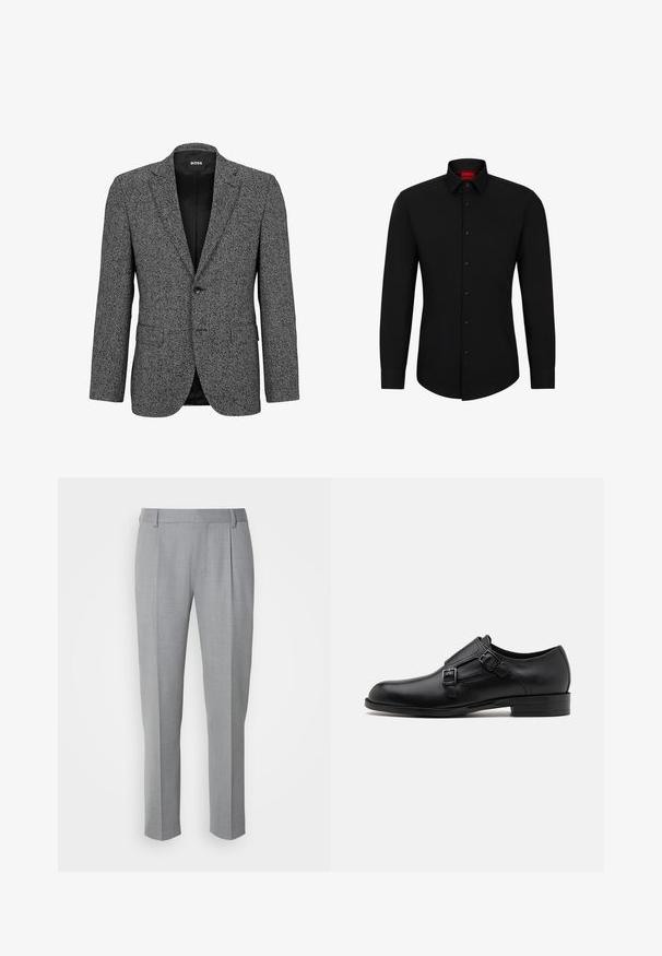 BOSS H-JANSON - Americana - black one; Camisa negra de manga larga con botón frontal, cuello clásico y dobladillo redondeado; cuenta con botones negros y un logotipo rojo en el interior del cuello.; Pantalones grises a medida con una textura suave, que cuentan con un frente plano, piernas rectas y pliegues sutiles para un detalle adicional.; Zapato de vestir de cuero negro con doble hebilla, silueta elegante y punta redonda. Cuenta con un tacón bajo y una textura suave.