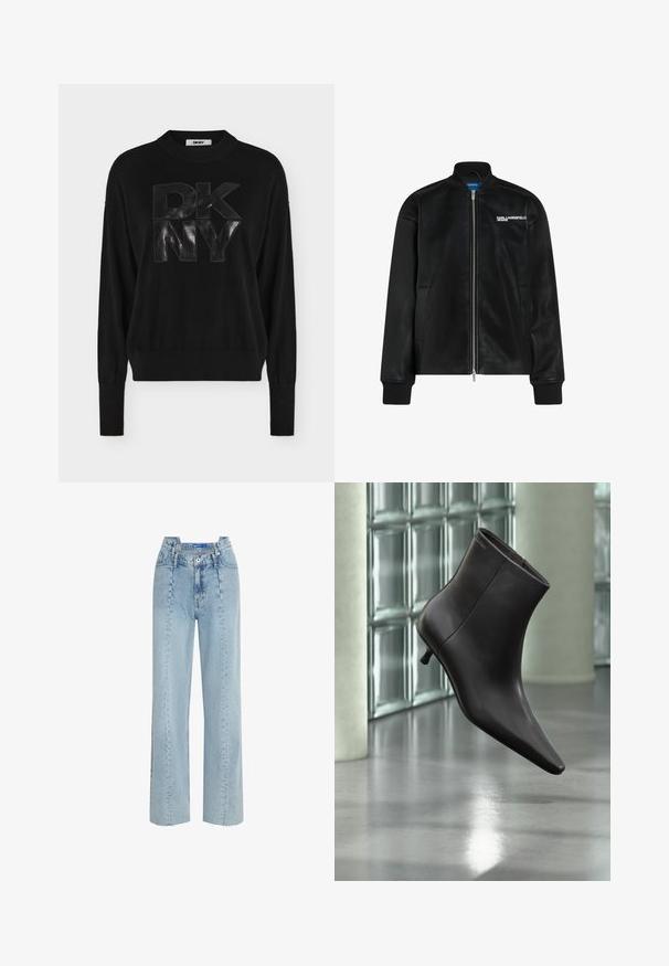 Veste en cuir noir avec fermeture éclair à l'avant, col et poignets côtelés, poches latérales et logo blanc "KARL LAGERFELD JEANS" sur la poitrine.; Pull noir à manches longues avec poignets et ourlet côtelés, présentant de grandes lettres embossées "DKNY" sur le devant.; Jean bleu clair, taille haute, avec une coupe ample. Fabriqué en denims, avec un ourlet effiloché et une fermeture avant par bouton.; Bottine en cuir noir avec bout pointu et petit talon, présentée devant un mur en blocs de verre et un sol poli.