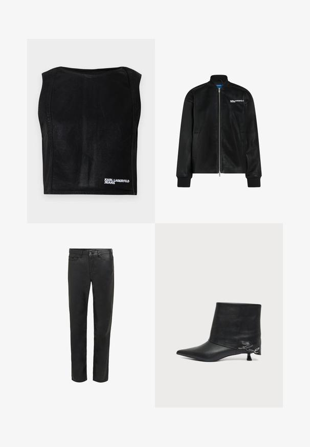 Sort bomberjakke med frontlynlås, ribbet krave og manchetter, sidelommer og hvid "KARL LAGERFELD JEANS" logo på brystet.; Sort ærmeløs kort top med bådudskæring og hvid "KARL LAGERFELD JEANS" logo nederst til højre.; Sorte jeans lavet af denim, med et standard fem-lomme design, lige ben-cut og en subtil glans over stoffet.; Sort læderankelstøvle med spids tå, kort kittenhæl og sølvfarvet skriftlig detalje nær hælen.