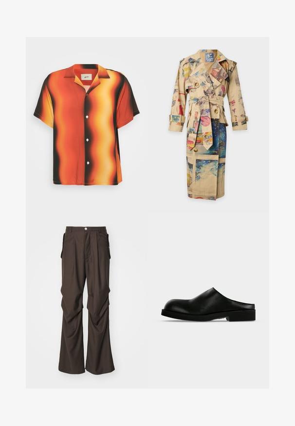 Trench-coat beige avec des illustrations colorées et abstraites sur le thème de l’espace et de l’urbain, devant boutonné, ceinturé à la taille, manches longues avec lanières.; Chemise à manches courtes avec boutons, de couleur orange vif et noir, ornée d'un motif ondulé. Fabriquée en tissu lisse, elle possède des boutons blancs et un col.; Pantalons marron sur mesure avec une coupe large, dotés de poches latérales et d'une fermeture à bouton à l'avant. Tissu lisse avec de légers plis.; Mule en cuir noir à enfiler avec bout arrondi et petit talon carré sur un fond clair uni.