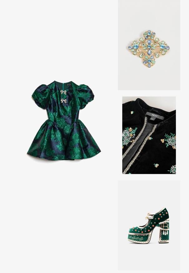 Veste en velours noir avec des embellissements décoratifs en perles argentées et sequins sur le devant, avec des accents verts et dorés.; Robe verte à motif floral en satin, avec manches courtes bouffantes, corsage ajusté et jupe évasée avec fermeture éclair au dos. Détails de nœuds argentés.; Chaussure à plateforme en velours vert avec des clous décoratifs rouges et argentés, des brides en perles, une bordure dorée, une broderie et un talon bloc avec des perles pendantes et un charme "B".; Broche en or ornée de quatre formes de fleurs composées de pierres précieuses facettées bleues, vertes et transparentes disposées en un motif symétrique.