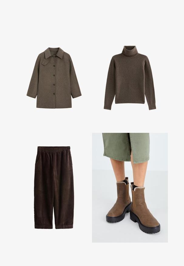 Brun uldfrakke med lange ærmer, en bred krave og en frontknaplukning med fem mørke knapper.; Brun turtleneck sweater i blødt, tekstureret materiale. Har ribbede detaljeringer ved hals og manchetter. Lige pasform med lange ærmer.; Mørkebrune kordfløjlsbukser med elastik i taljen og løs pasform, vist mod en hvid baggrund.; Brune læder ankelstøvler med gummisål, blød foring og elastiske sideindsatser. Har en lav blokhæl og en glat overflade.
