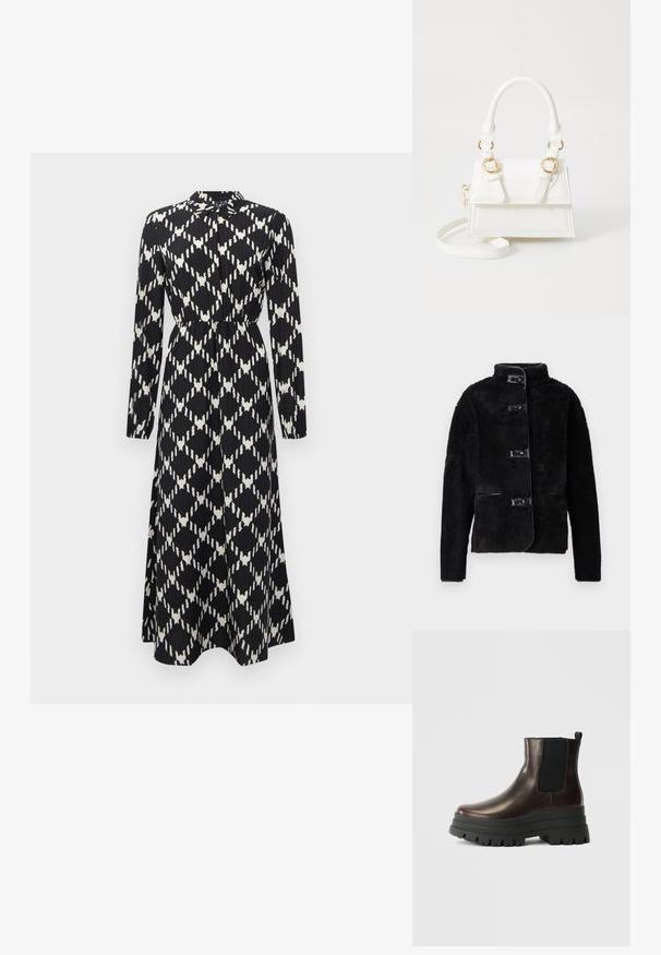 Veste polaire noire avec col montant, fermeture à boutons sur le devant et deux poches latérales. Présente une texture douce et des accents lisses semblables à du cuir.; Robe maxi à manches longues noir et blanc avec un motif géométrique en losanges, taille cintrée et col à boutons.; Bottine en cuir marron avec des panneaux élastiques sur les côtés, semelle plateforme noire épaisse et tirette. Présente une finition lisse et un motif de semelle robuste.; Sac à main en simili cuir blanc avec un design structuré, des accents en métal doré, deux poignées supérieures et une bandoulière réglable.