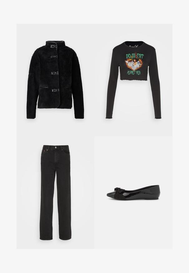 Zwarte fleecejas met hoge kraag, knoopsluiting aan de voorkant en twee zijzakken. Voorzien van een zachte textuur en gladde, leerachtige accenten.; Noisy May NMSAGA O NECK DOJA CAT - Longsleeve - black; Zwarte rechte jeans met vijf zakken, een knoop aan de voorkant en riemlussen, weergegeven tegen een witte achtergrond.; Zwarte balletflat met een glanzende lakafwerking en een contrasterende zwarte suède strikaccent op de neus. Platte zool. Minimalistisch design.