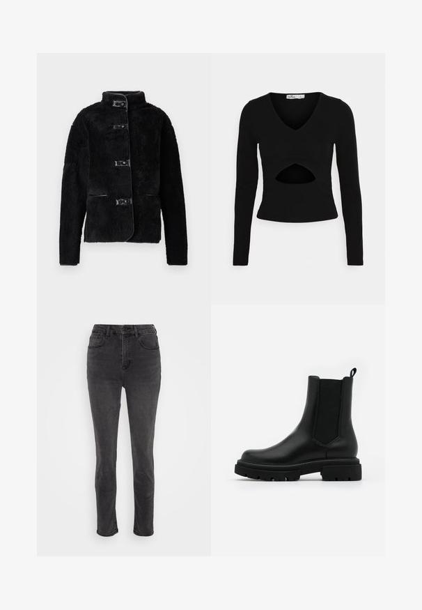 Veste polaire noire avec col montant, fermeture à boutons sur le devant et deux poches latérales. Présente une texture douce et des accents lisses semblables à du cuir.; Top noir à manches longues avec un décolleté en V et un détail découpé à la taille. Fabriqué en tissu lisse avec une coupe ajustée. Taille petite.; American Eagle CURVY MOM - Jean boyfriend - washed black; Des bottes Chelsea noires en cuir présentent une surface lisse, des panneaux latéraux élastiques, une languette et une semelle en caoutchouc épaisse avec un motif texturé.
