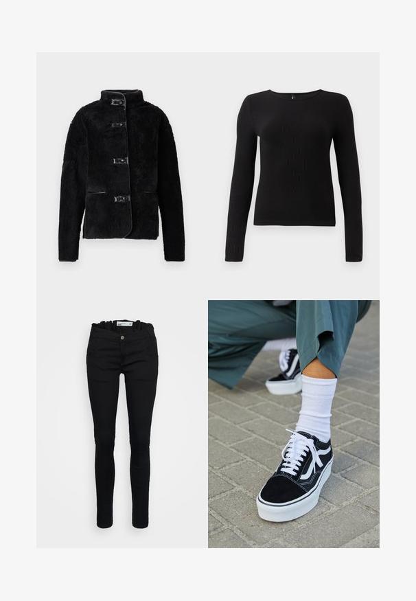 Veste polaire noire avec col montant, fermeture à boutons sur le devant et deux poches latérales. Présente une texture douce et des accents lisses semblables à du cuir.; Haut noir à manches longues côtelé avec un col rond et une silhouette ajustée. Le tissu semble doux et texturé avec une légère élasticité.; Jeans noirs au design ajusté, avec une taille froncée, cinq poches et une fermeture à bouton. Texture de denim lisse, forme de jambe slim.; Baskets en suède noir avec des accents et des lacets blancs, présentant une épaisse semelle blanche et des coutures contrastantes, associées à une chaussette blanche.