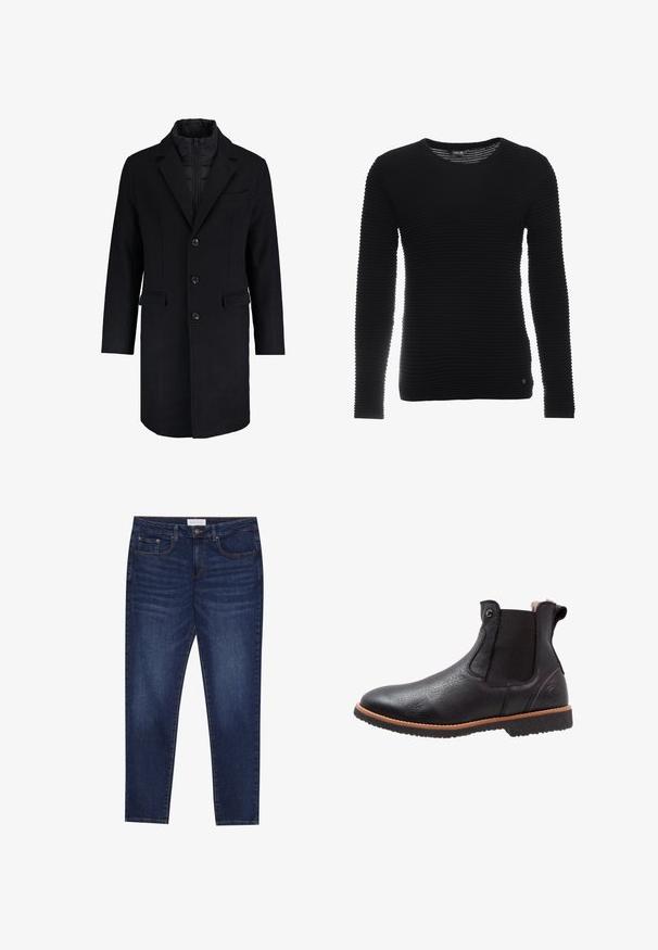 Sort uldblandingsfrakke med en tætsiddende design, udskårne klapper, enkeltknaplukning, to forlommer og en skjult lynlåslinning.; Sort langærmet ribstrikket sweater med rund halsudskæring og struktureret stof. Har en diskret brandlogo nederst til venstre.; Mørkeblå slim-fit jeans med fem lommer, knaplukning og kontrastsying, mærket Pier One på livlinen.; Sort læder Chelsea støvler med elastiske sidepaneler, lys brunt syning og tekstureret gummisål. Cirkulært logo på den ydre hæl.