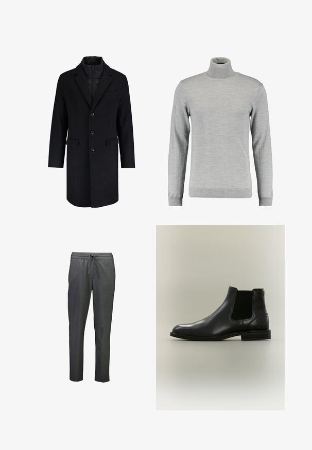 Sort uldblandingsfrakke med en tætsiddende design, udskårne klapper, enkeltknaplukning, to forlommer og en skjult lynlåslinning.; Lys grå turtleneck sweater lavet af blødt stof, med lange ærmer, ribbede manchetter og krave, med en glat tekstur og klassisk snit.; Grå træningsbukser med en tætsiddende pasform, der har en elastisk talje og snoretræk for justerbar komfort. Glat tekstur, minimalistisk design.; Sort læder Chelsea-støvle med elastisk sidestykke og lav hæl, vist fra ydersiden på en neutral baggrund.