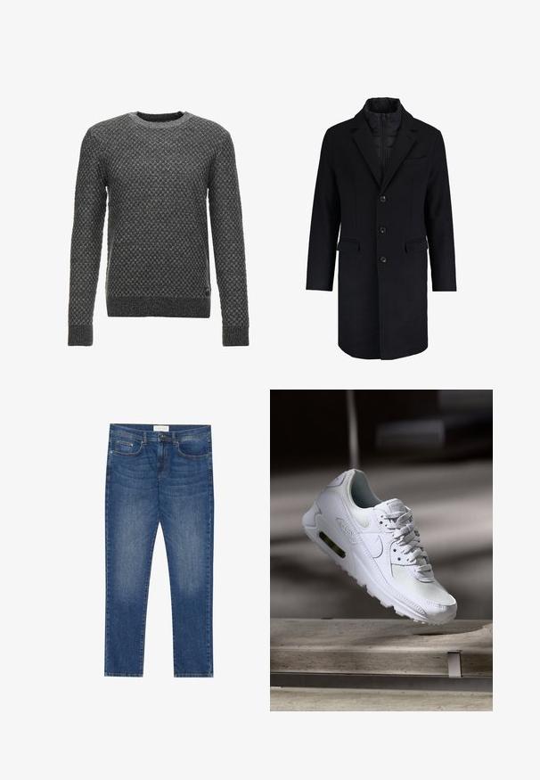 Sort uldblandingsfrakke med en tætsiddende design, udskårne klapper, enkeltknaplukning, to forlommer og en skjult lynlåslinning.; Grå strikket sweater med et struktureret mønster, rund halsudskæring og lange ærmer. Har en ribbet kant og manchetter.; Herre blå denim jeans med lige pasform, fem lommer, let falmning og standard knap- og lynlås lukning.; Hvide Nike Air Max 90 sneakers med en overdel i mesh og læder, perforeret tåboks og en synlig luftenhed i hælen.