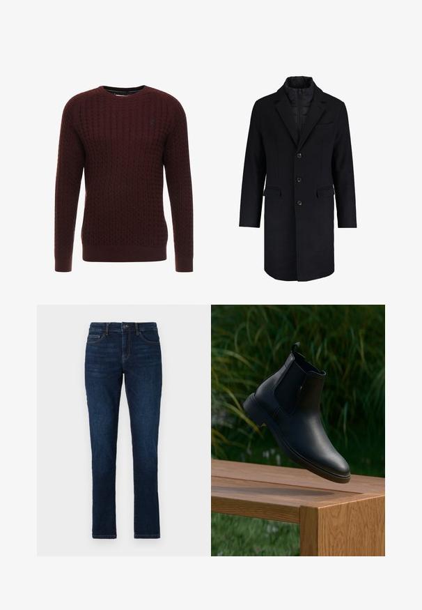 Manteau en mélange de laine noire au design ajusté, avec des revers crantés, une fermeture à boutons simples, deux poches avant et une doublure intérieure zippée cachée.; Pull en maille bordeaux avec un motif texturé, col rond et manches longues. Présente des poignets et un ourlet côtelés. Détail de logo discret.; Jean en denim bleu foncé avec une coupe slim, design standard à cinq poches, et une fermeture à bouton et fermeture éclair. Texture lisse avec un minimum de décoloration.; Bottine en cuir noir flottant au-dessus d'un banc en bois, avec de l'herbe verte et des plantes en arrière-plan flou.