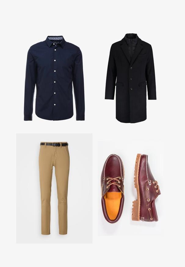 Manteau en mélange de laine noire au design ajusté, avec des revers crantés, une fermeture à boutons simples, deux poches avant et une doublure intérieure zippée cachée.; Chemise bleu marine à manches longues avec col boutonné, col intérieur à carreaux contrastés et boutons blancs sur le devant. Texture lisse.; Pantalons khaki à coupe slim, fabriqués en tissu lisse. Présentent une ceinture noire, deux poches avant et une coupe droite.; Chaussures en cuir bourgogne avec semelles en caoutchouc marron, bout rond, couture blanche et œillets dorés. L'intérieur présente une doublure jaune.