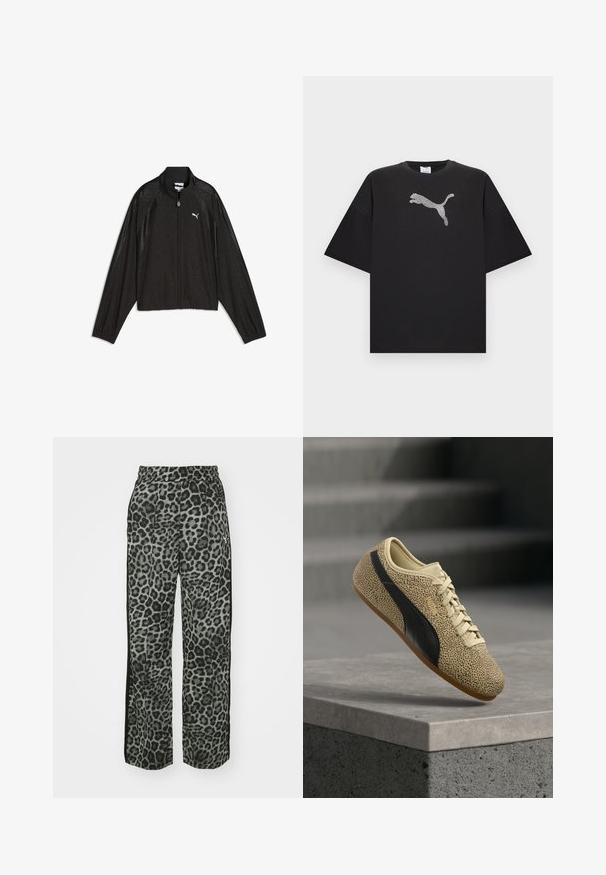 Schwarze Puma Zip-Up-Jacke mit langen Ärmeln, hohem Kragen, dezentem Blumenmuster und weißem Puma-Logo auf der linken Brust.; Schwarzes weit geschnittenes T-Shirt mit kurzen Ärmeln, das vorn in der Mitte ein großes weißes Puma-Logo zeigt.; Leopardmuster-Hosen in Grautönen mit lockerer Passform, elastischem Bund und schwarzen Seitendetails für zusätzlichen Kontrast.; Beige Sneaker mit schwarzem Streifen und kleinen schwarzen Punkten, beigefarbenen Schnürsenkeln und einer Gummisohle, der schwebend über einem grauen Betonsims positioniert ist.
