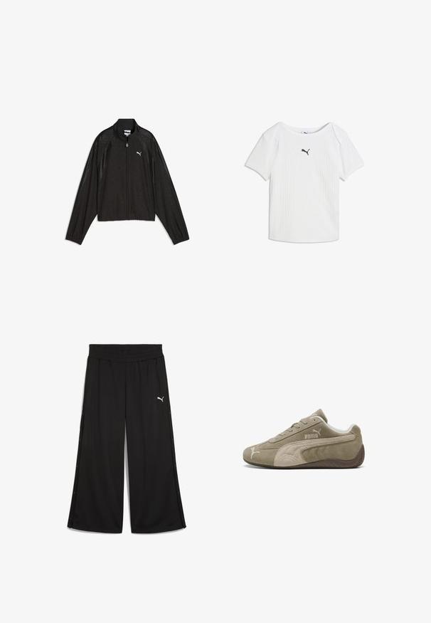 Sort Puma lynlås jakke med lange ærmer, høj krave, diskret blomsterprint og hvidt Puma logo på venstre bryst.; Hvid ribstrikket T-shirt med korte ærmer, rund halsudskæring og et lille sort Puma-logo i midten af brystet.; Sorte sportbukser med elastisk talje, sidelukninger med knapper og en hvid Puma-logo på forsiden. Fremstillet af letvægtigt stof.; Suedesneakers i lysebrun med mørkere accenter, med et lavprofil design, snørebåndslukning og et mærke logo på siden.