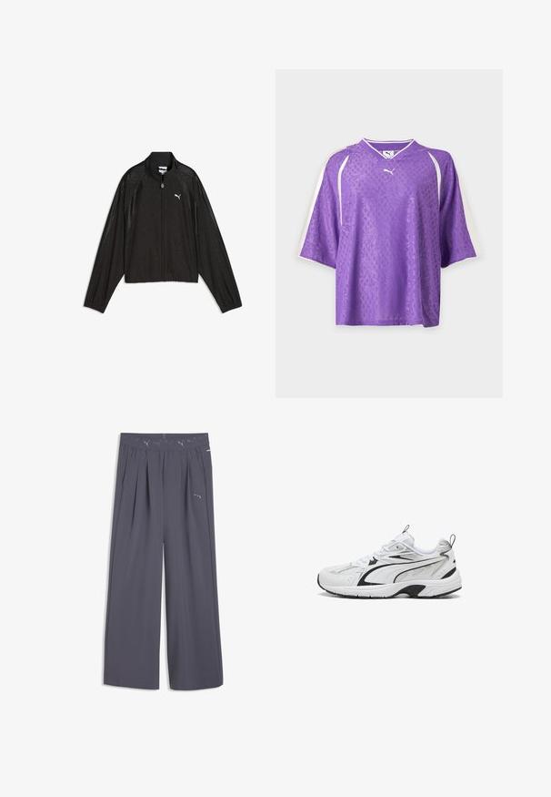 Chaqueta negra Puma con cremallera, mangas largas, cuello alto, patrón floral sutil y logo blanco de Puma en el pecho izquierdo.; Camiseta deportiva de manga corta Purple Puma de color púrpura con un sutil estampado floral y rayas blancas en las mangas sobre un fondo liso.; Pantalones grises de pierna ancha de Puma con cintura elástica que presenta logos repetidos de Puma y bolsillos laterales.; Zapatilla deportiva blanca con detalles negros, diseño de cordones, parte superior de malla y sintética, y suela gruesa de goma con tiradores en la lengüeta y el talón.