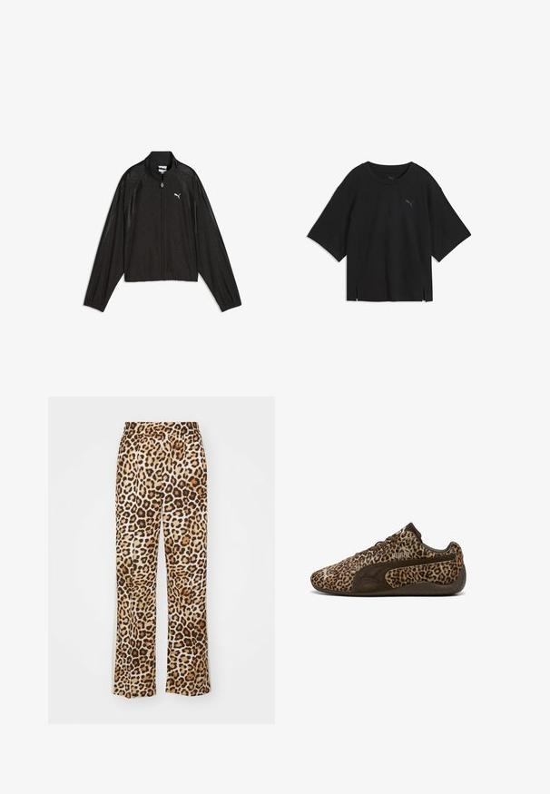 Sort Puma lynlås jakke med lange ærmer, høj krave, diskret blomsterprint og hvidt Puma logo på venstre bryst.; Sort kortærmet Puma t-shirt med rund hals, løstsiddende pasform, diskrete sideslids og lille Puma-logo på venstre bryst.; Leopardprint bukser lavet af blødt stof, med en afslappet pasform, vide ben og en elastisk talje i beige og brune nuancer.; Sko med leopardmønster og brune ruskindsdetaljer, lav profil, snørelukning, struktureret overdel og gummisål. PUMA-logoen er synlig.
