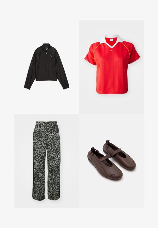Schwarze Puma Zip-Up-Jacke mit langen Ärmeln, hohem Kragen, dezentem Blumenmuster und weißem Puma-Logo auf der linken Brust.; Rotes sportliches Poloshirt mit weißem Kragen und Ärmeln, mit vertikalen Streifen und einem kleinen goldenen Logo auf der Vorderseite. Leichtes Material.; Leopardmuster-Hosen in Grautönen mit lockerer Passform, elastischem Bund und schwarzen Seitendetails für zusätzlichen Kontrast.; Braune Leder Mary Jane Schuhe mit elastischem Fersenbereich, einem Riemen über dem Spann und Puma-Logo auf den abgerundeten Zehen.