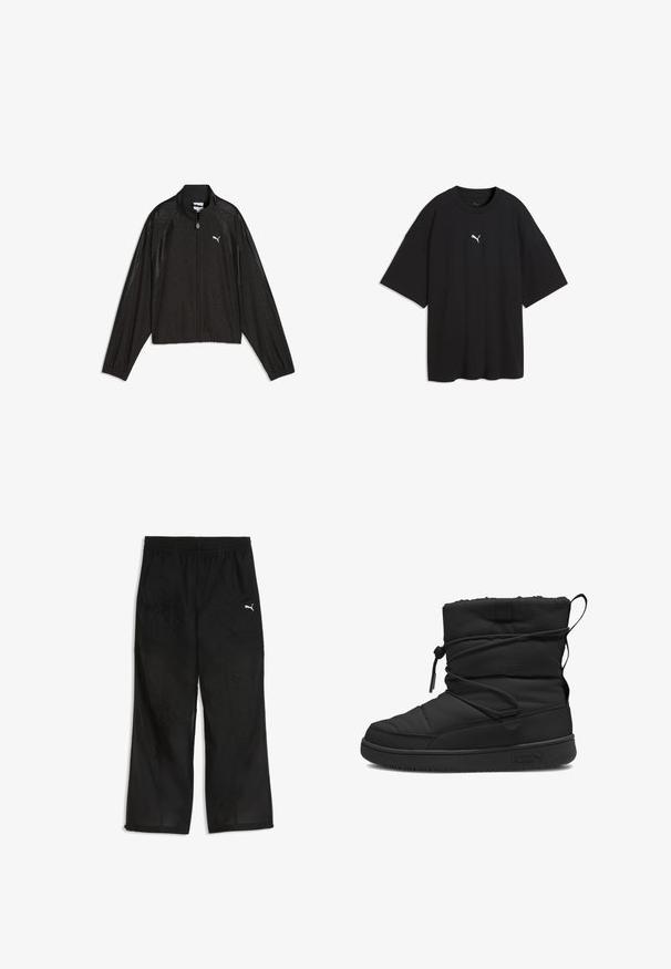 Sort Puma lynlås jakke med lange ærmer, høj krave, diskret blomsterprint og hvidt Puma logo på venstre bryst.; Sort oversized T-shirt med korte ærmer og et lille hvidt Puma-logo på midten foran under halsudskæringen.; Sorte atletikbukser lavet af let, tekstureret stof. Har en elastisk talje og en lille hvid logo på venstre ben.; Sort isoleret støvle med en kviltet struktur, elastisk snøre lukning, polstret kant og en gummisål med et minimalistisk logo.