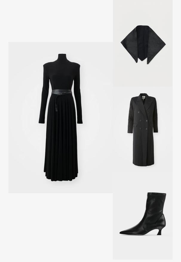 Zwarte dubbelgeknoopte jas met een scherpe kraag, zes knopen en een bewerkte detail op de mouw. Gladde stof met een op maat gemaakte vorm en lange lengte.; Norma Kamali SHOULDER PAD TURTLE FLARED DRESS TO MIDCALF - Jerseyjurk - black; Zwarte leren midkuitlaars met spitse neus en lage kittenhak, zijaanzicht op een effen lichte achtergrond.; Zwart leren sjaal in driehoekvorm met een gladde textuur en scherpe, puntige uiteinden, plat gelegd op een witte achtergrond.