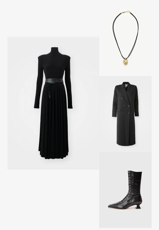 Zwarte dubbelgeknoopte jas met een scherpe kraag, zes knopen en een bewerkte detail op de mouw. Gladde stof met een op maat gemaakte vorm en lange lengte.; Norma Kamali SHOULDER PAD TURTLE FLARED DRESS TO MIDCALF - Jerseyjurk - black; Zwarte leren enkelboot met spitse neus, voorlacing, metalen oogjes, lage blokhak en een strakke uitstraling. Gladde textuur, moderne silhouette.; Zwarte dubbele koordketting met een gouden abstract gedraaide lus hanger en gouden sluiting met verlengkettinkje.