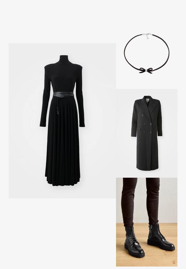 Sort dobbeltradet frakke med en skarp krave, seks knapper og perledetaljer på ærmet. Glat stof med en skræddersyet form og lang længde.; Norma Kamali SHOULDER PAD TURTLE FLARED DRESS TO MIDCALF - Jerseykjole - black; Sorte læder ankelstøvler med brogue-detaljer, snørebånd foran, sideskafter og teksturerede gummisåler. Matchet med mørke slim-fit bukser.; Sort suedebånd med en lille central sølvperle og en sløjfedetalje, der har en simpel lås med en justerbar kæde.